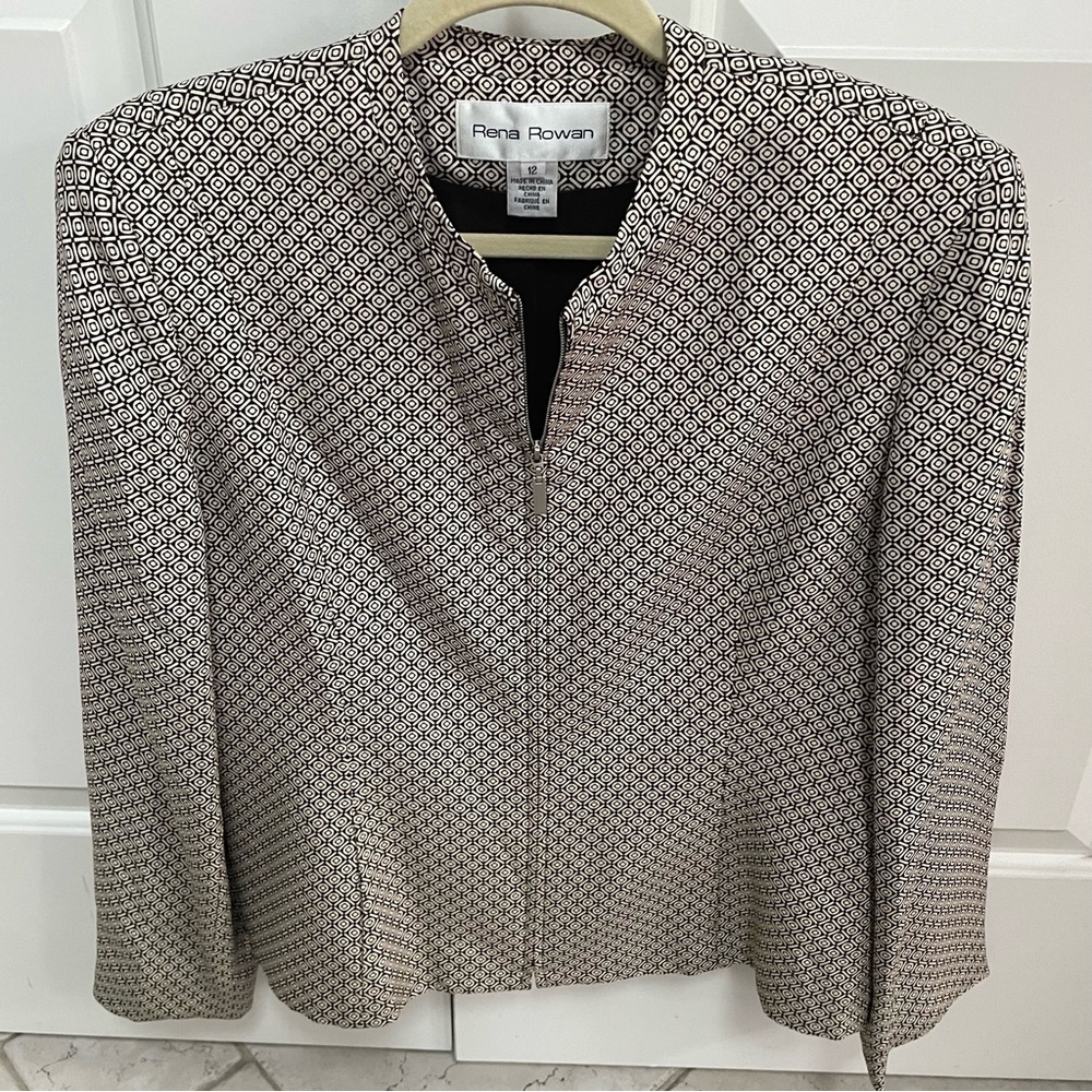 Rena Rowan Vintage 100% Silk Brown Beige Geometric Long Sleeve Lined Zip Jacket